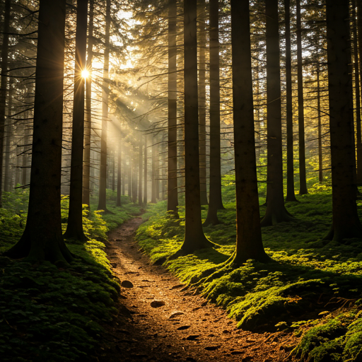 Zonlicht door bos met ochtendnevel
